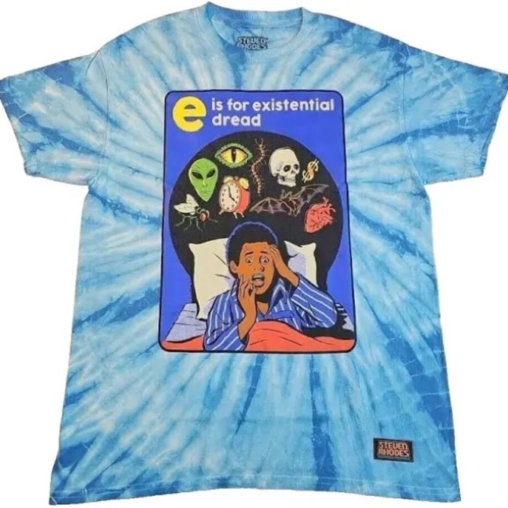Steven Rhodes “e is for existential dread” blue tie dyed tee